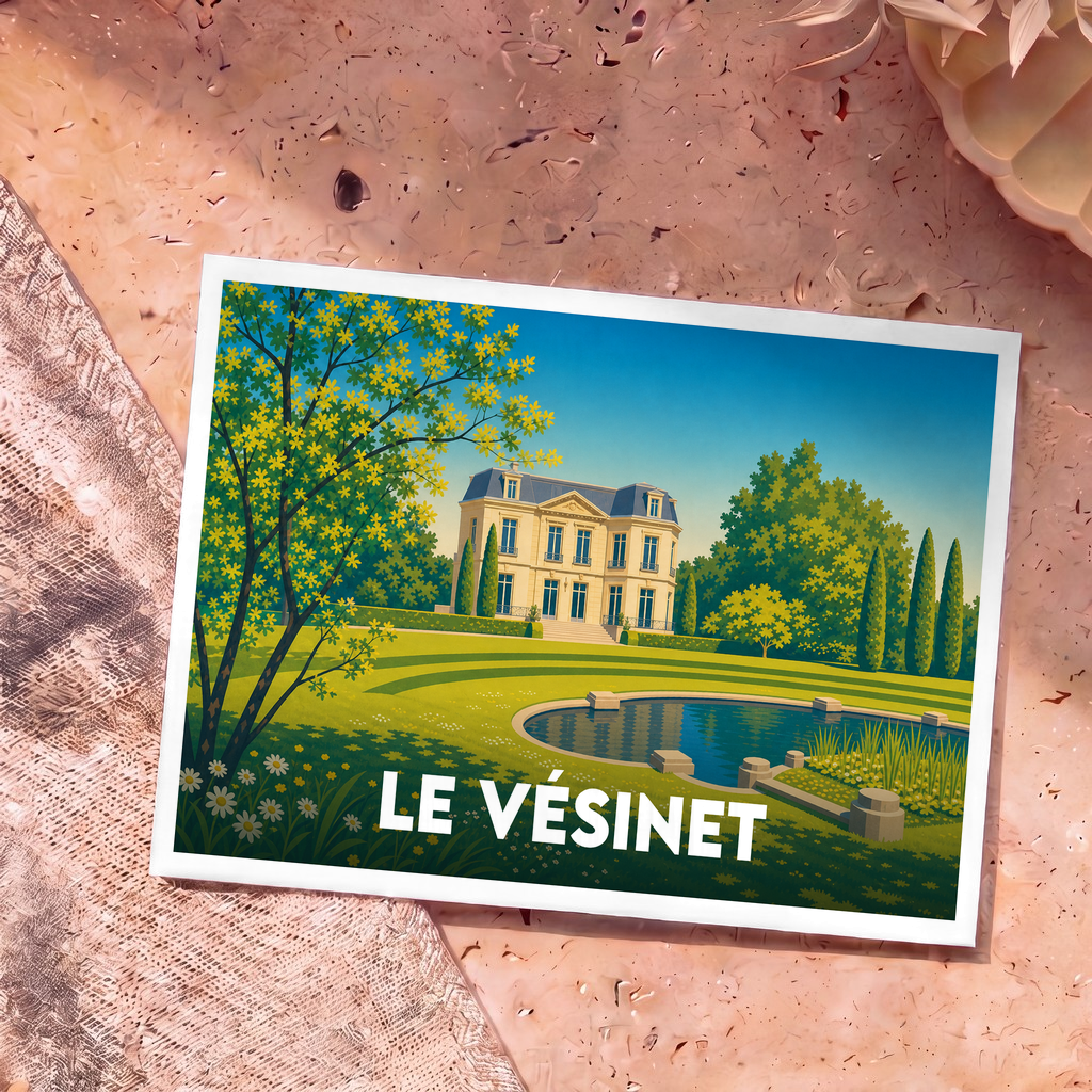Carte postale souvenir de la ville de Le Vésinet avec une illustration stylisée d'une demeure bourgeoise et son parc.