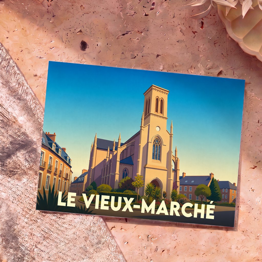 Carte postale souvenir de la ville de Le Vieux-Marché avec une illustration stylisée de son église sous un ciel bleu.