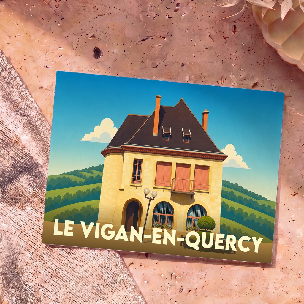 Carte postale souvenir de la ville de Le Vigan-en-Quercy avec une illustration stylisée d'une maison traditionnelle.