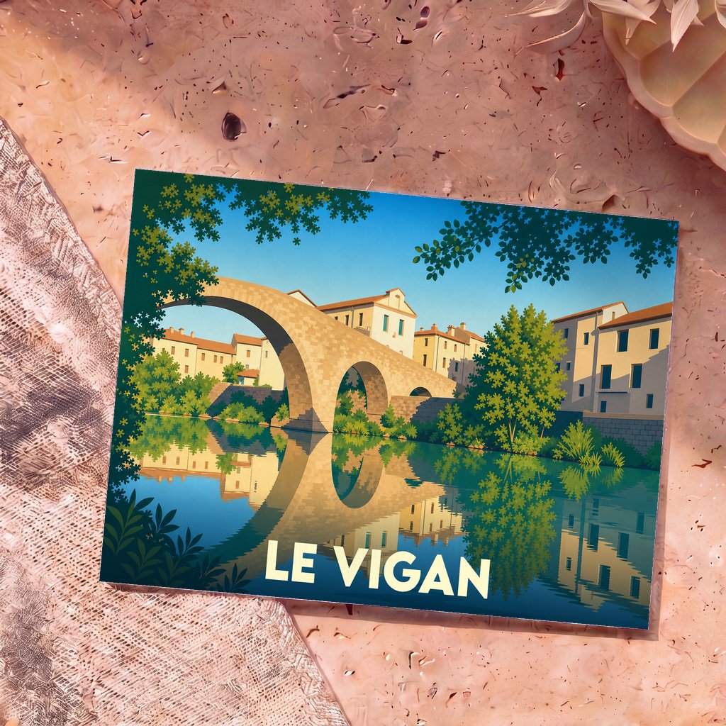 Carte postale souvenir de la ville de Le Vigan avec une illustration stylisée de son pont médiéval se reflétant dans l'eau.
