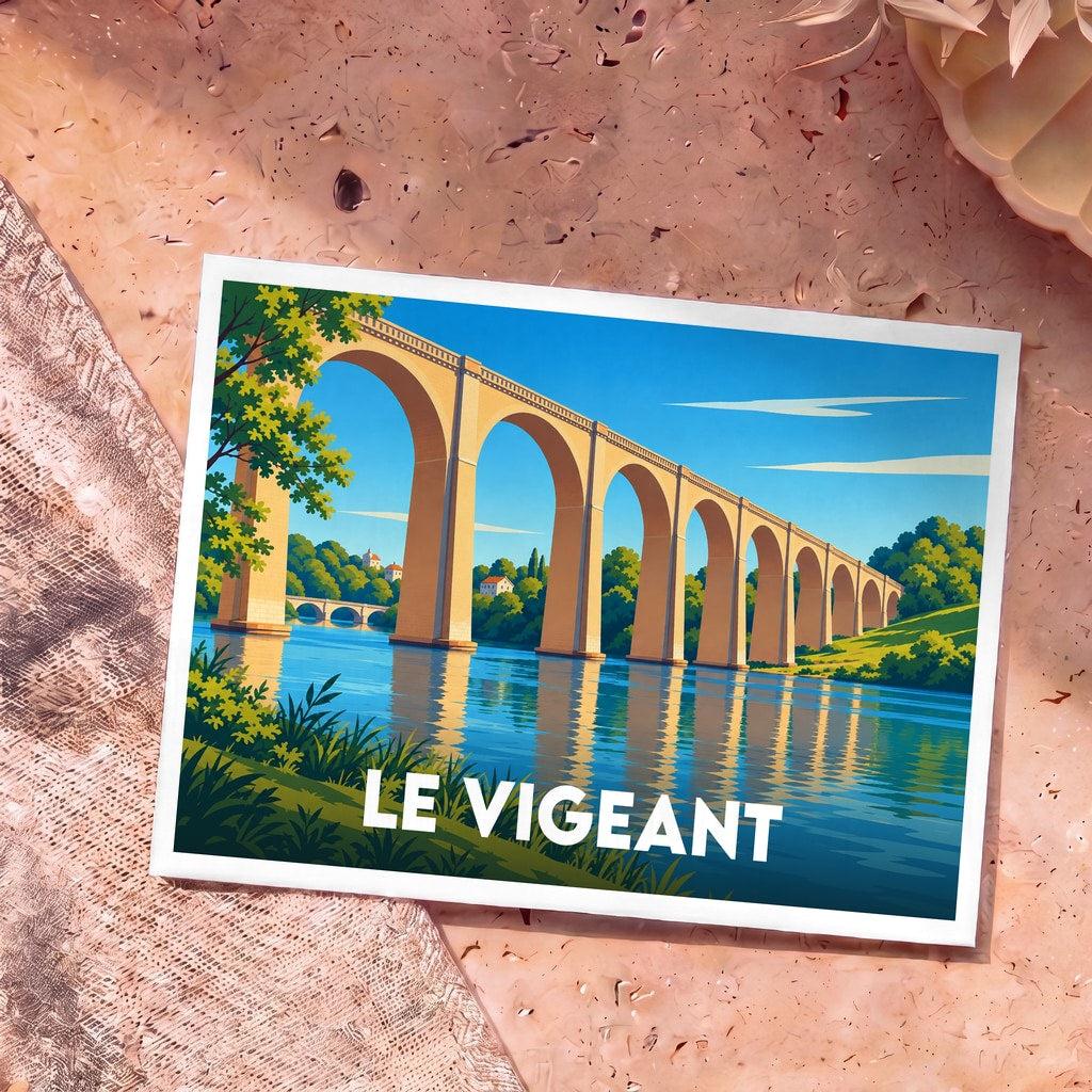 Carte postale souvenir de la ville de Le Vigeant illustrant son célèbre viaduc en bord de rivière.