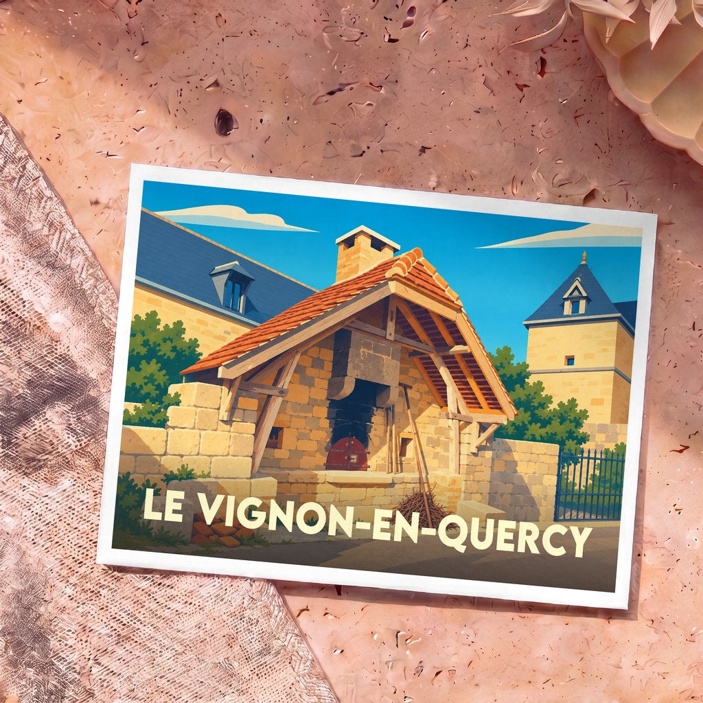 Carte postale souvenir de la ville de Le Vignon-en-Quercy avec une illustration stylisée de son patrimoine architectural.