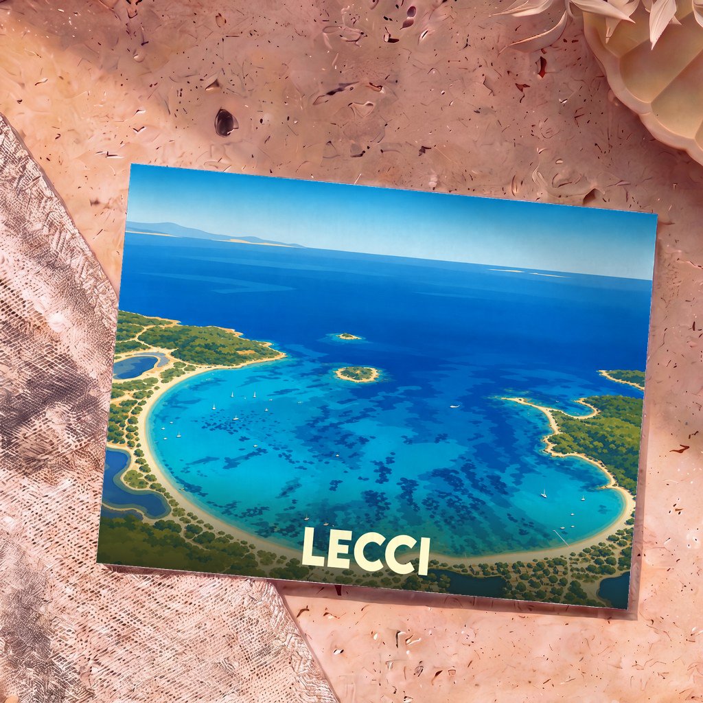 Carte postale souvenir de la ville de Lecci avec une illustration stylisée d'une baie aux eaux turquoise.