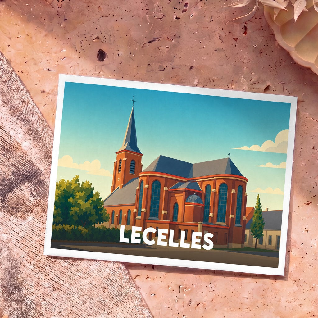 Carte postale souvenir de la ville de Lecelles avec une illustration stylisée de son église en briques rouges.