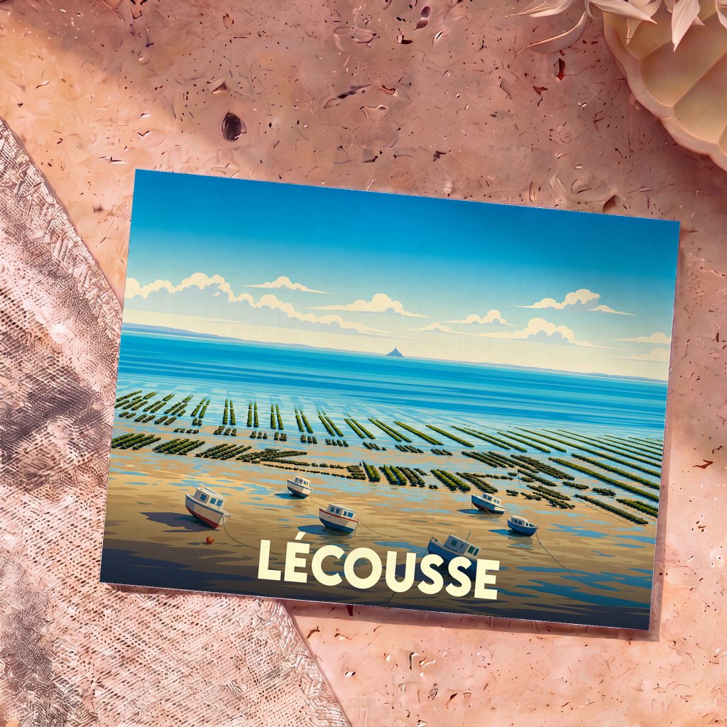 Carte postale souvenir de la ville de Lécousse représentant une illustration stylisée de parcs à huîtres et de bateaux à marée basse.