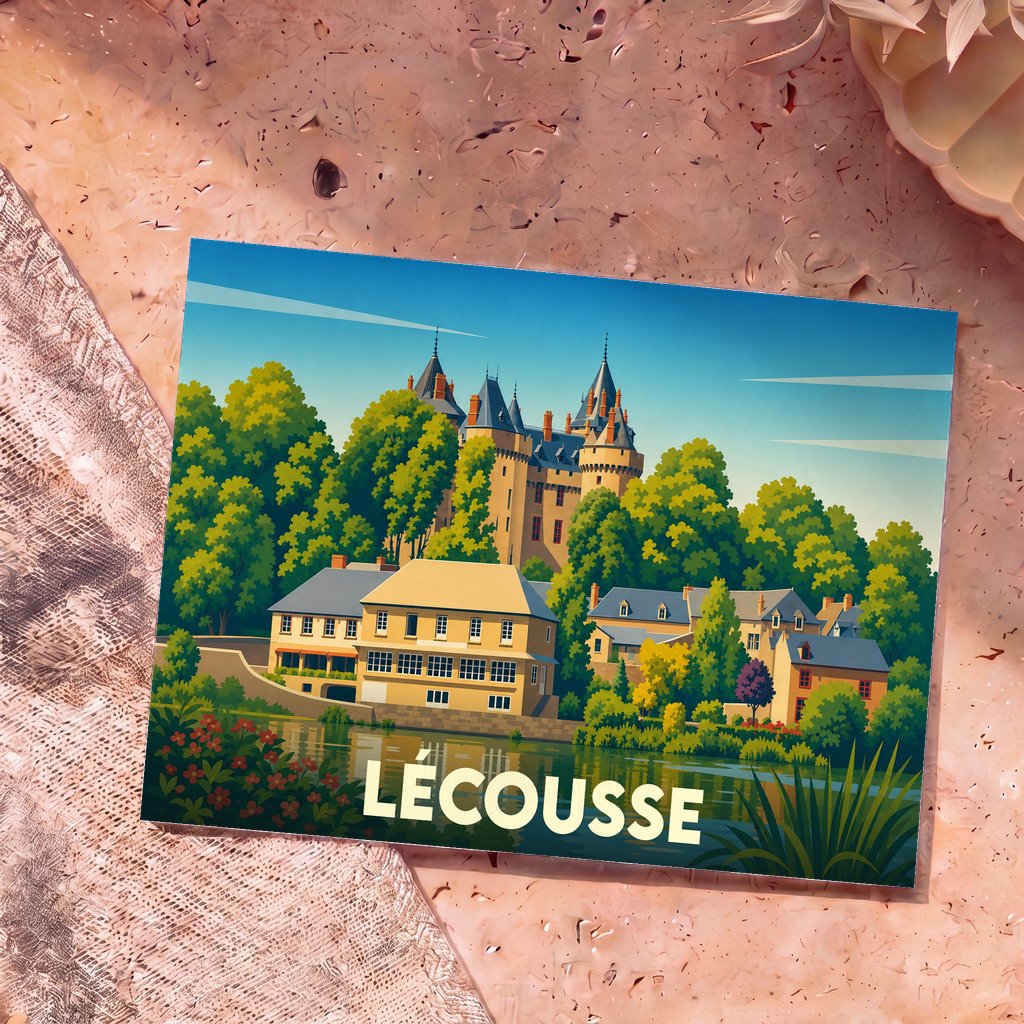 Carte postale souvenir de la ville de Lécousse avec une illustration stylisée d'un château et de maisons au bord de l'eau.