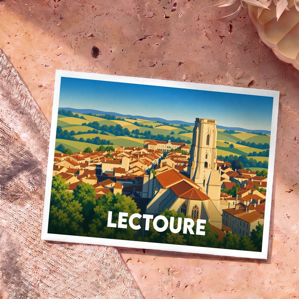 Carte postale souvenir de la ville de Lectoure avec une illustration stylisée de sa cathédrale dominant le paysage gersois.