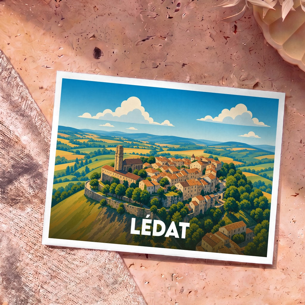 Carte postale souvenir de la ville de Lédat avec une illustration stylisée d'un village perché.