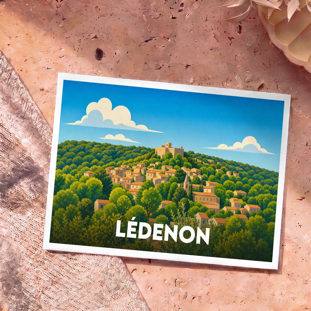 Carte postale souvenir de la ville de Lédenon avec une illustration stylisée d'un village perché dans une forêt.