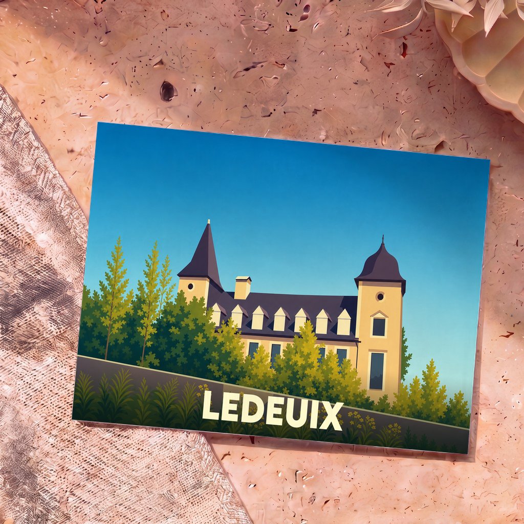 Carte postale souvenir de la ville de Ledeuix avec une illustration stylisée de son château.