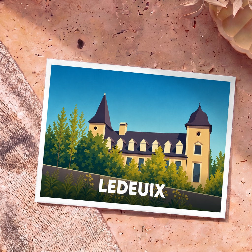 Carte postale souvenir de la ville de Ledeuix avec une illustration stylisée de son château.