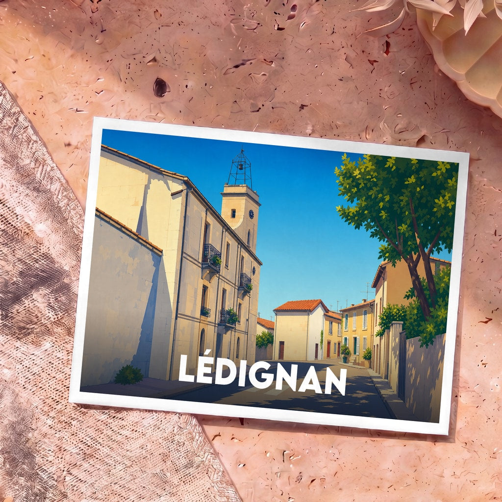 Carte postale souvenir de la ville de Lédignan avec une illustration stylisée d'une rue ensoleillée.