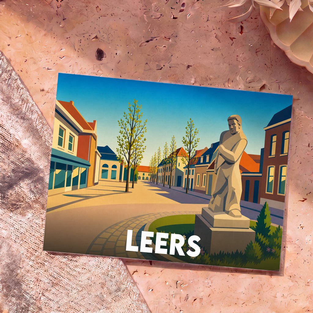 Carte postale souvenir de la ville de Leers avec une illustration stylisée d'une rue et d'une statue.