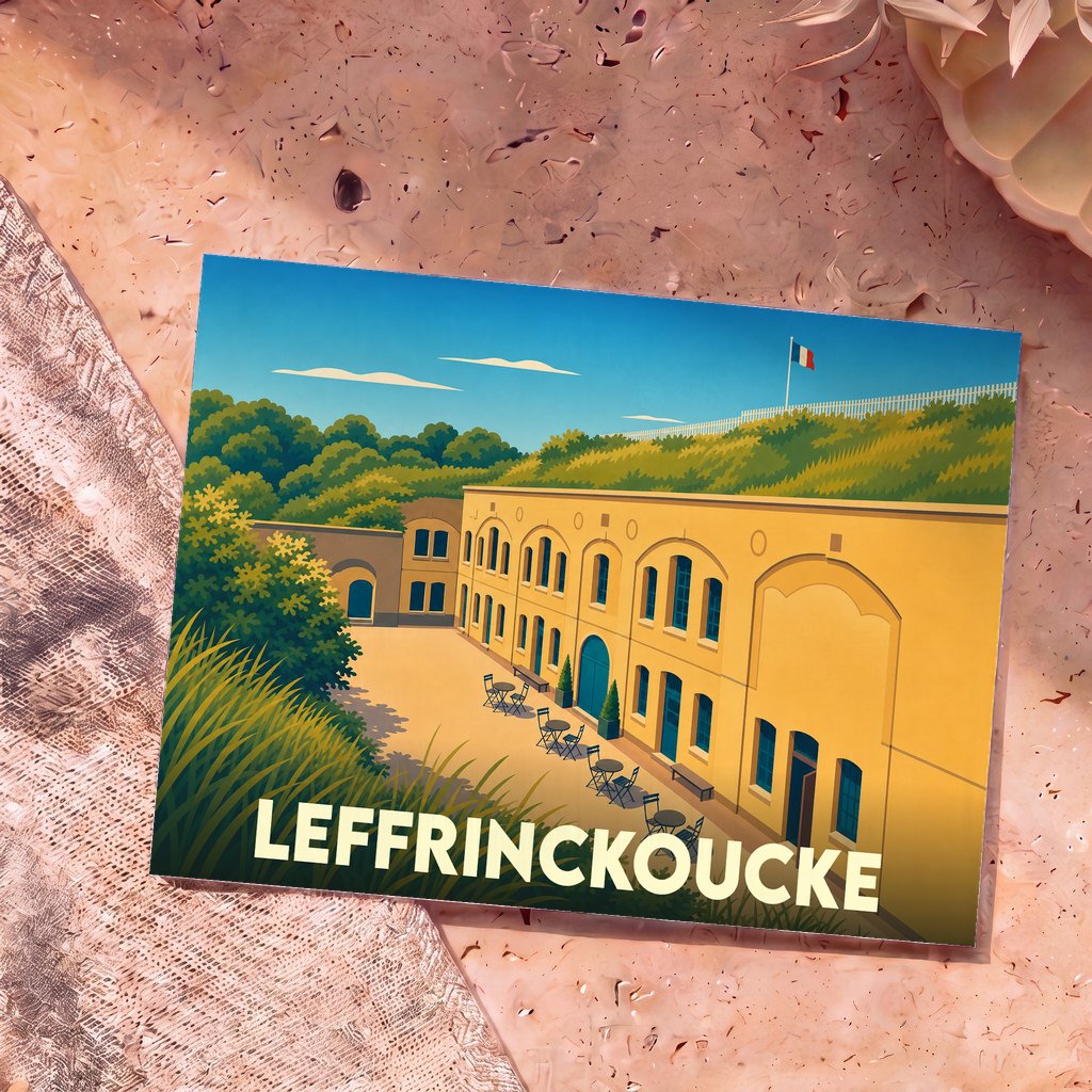 Carte postale souvenir de la ville de Leffrinckoucke illustrant un fort historique sous un ciel bleu.