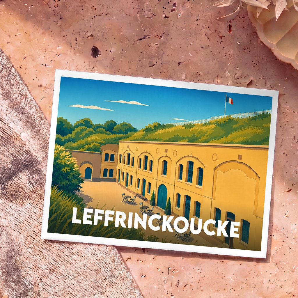 Carte postale souvenir de la ville de Leffrinckoucke avec une illustration stylisée du Fort des Dunes.