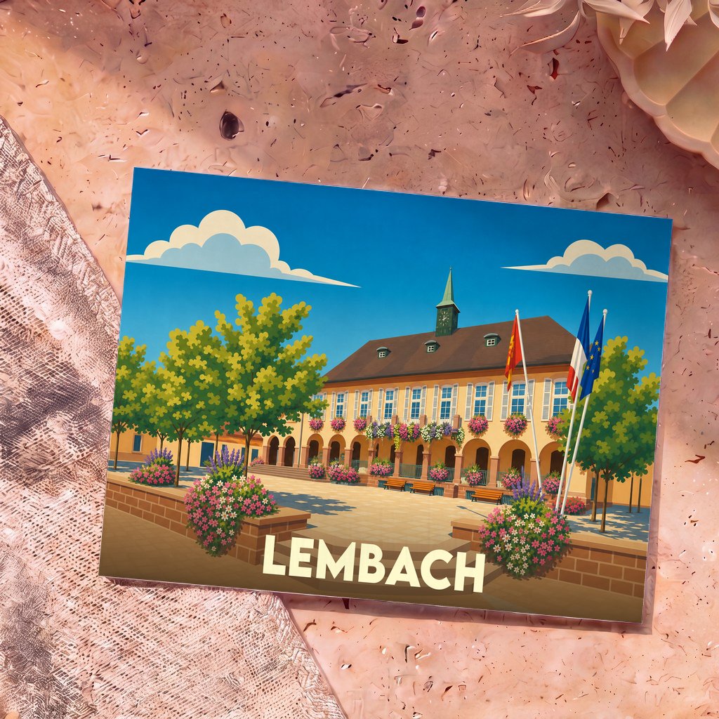 Carte postale souvenir de la ville de Lembach avec une illustration stylisée de son hôtel de ville fleuri.