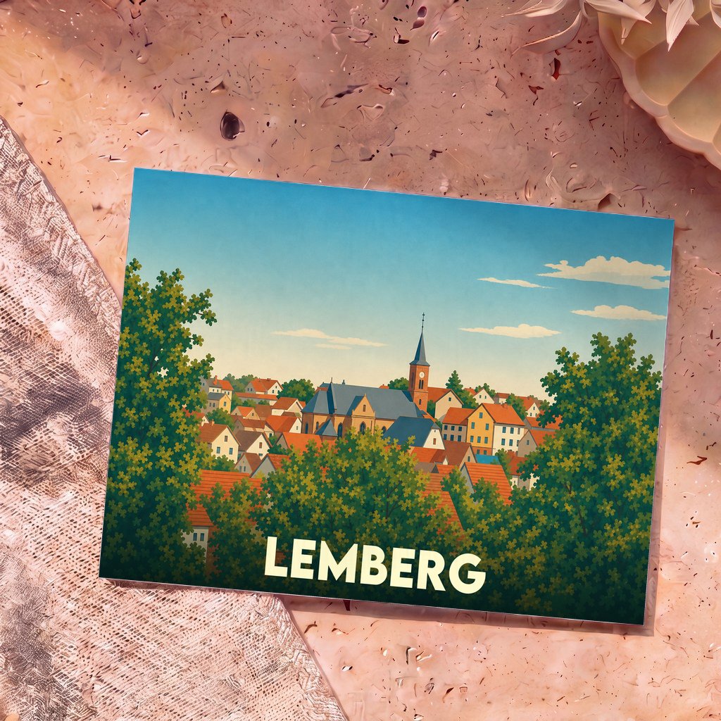 Carte postale souvenir de la ville de Lemberg avec une illustration stylisée de son église et de ses toits colorés.