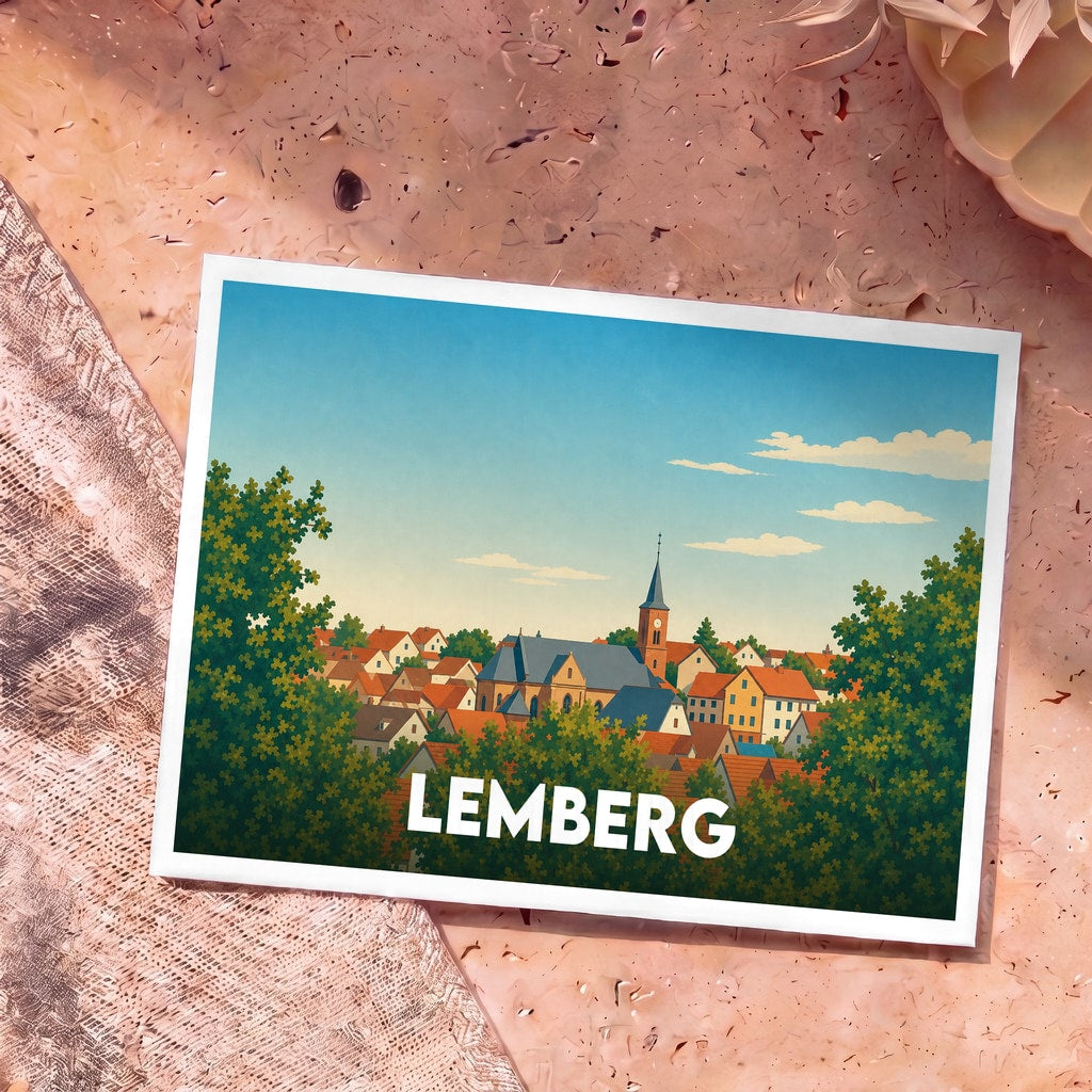 Carte postale souvenir de la ville de Lemberg avec une illustration stylisée de son église et de ses toits colorés.
