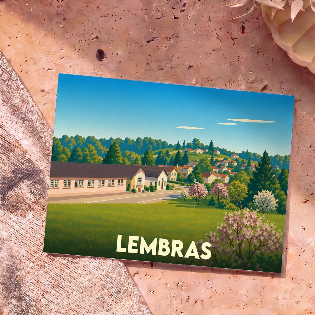 Carte postale souvenir de la ville de Lembras avec une illustration stylisée d'un paysage vallonné.