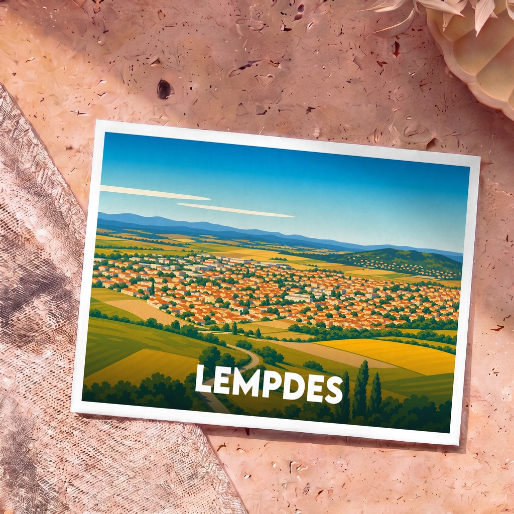 Carte postale souvenir de la ville de Lempdes avec une illustration stylisée et colorée de la commune.