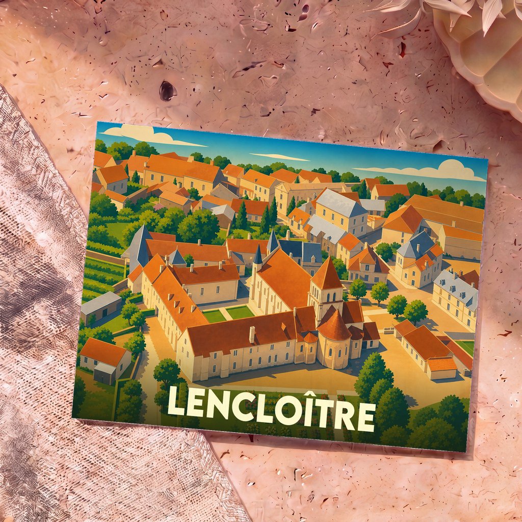 Carte postale souvenir de la ville de Lencloître avec une illustration stylisée vue du ciel.