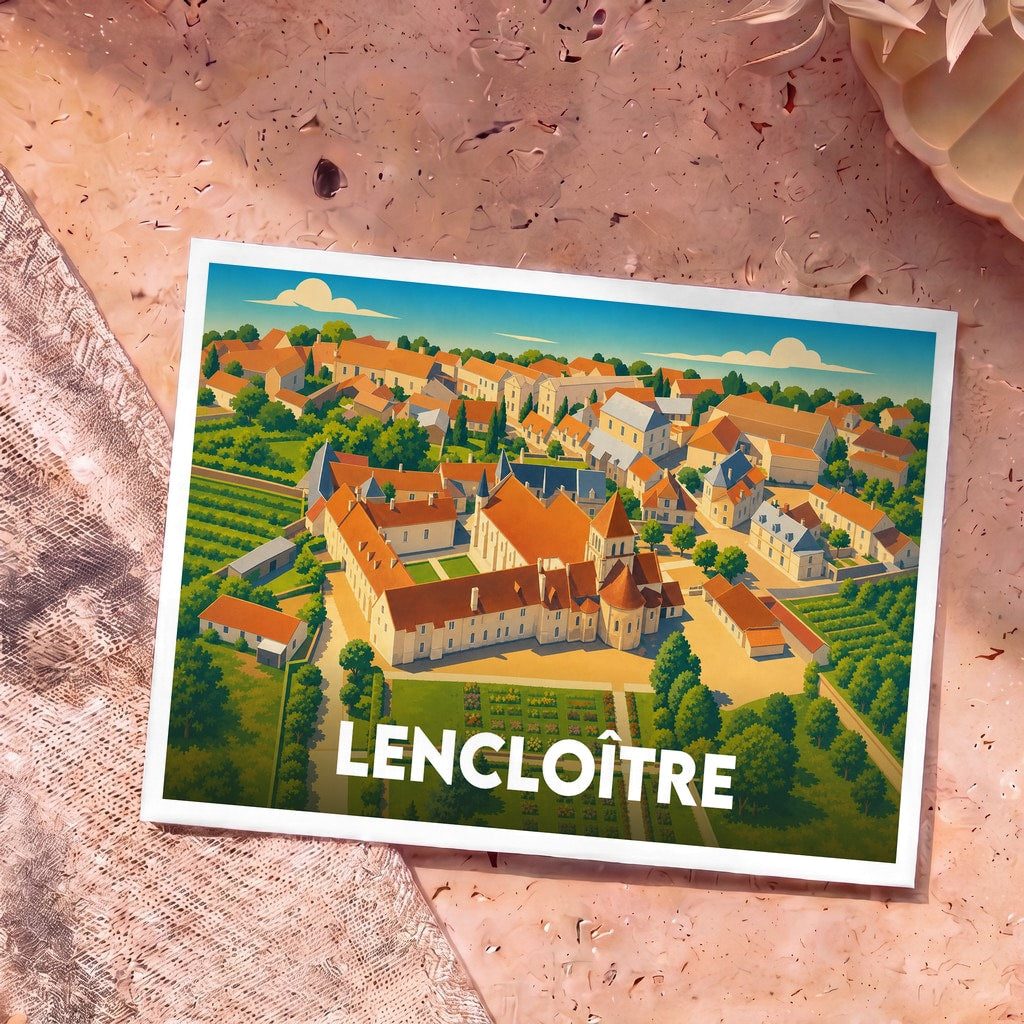 Carte postale souvenir de la ville de Lencloître avec une illustration stylisée vue du ciel.