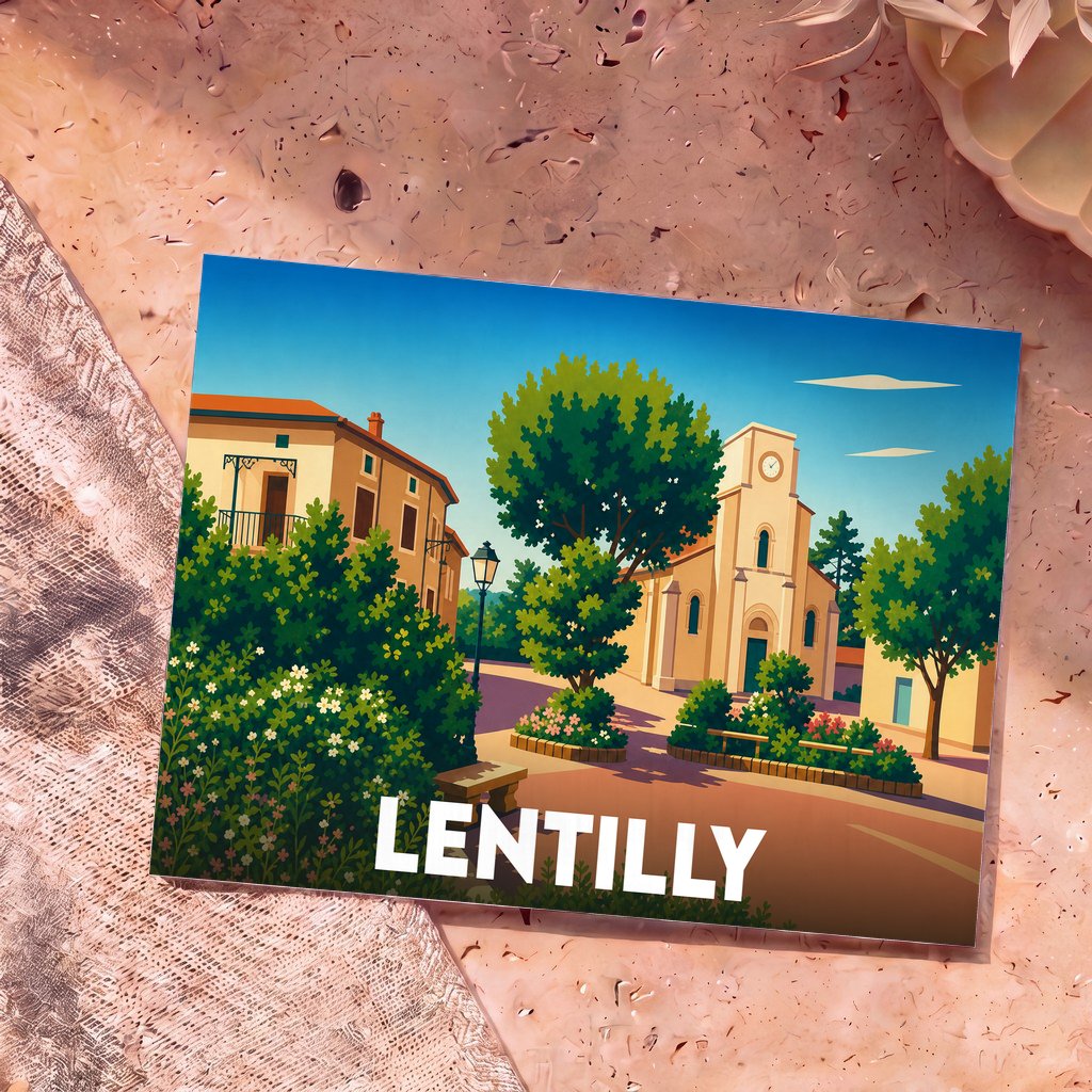 Carte postale souvenir de la ville de Lentilly avec une illustration stylisée et colorée de sa place.