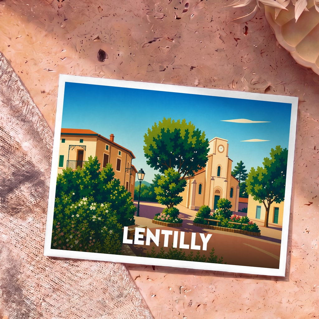 Carte postale souvenir de la ville de Lentilly avec une illustration stylisée et colorée de sa place.