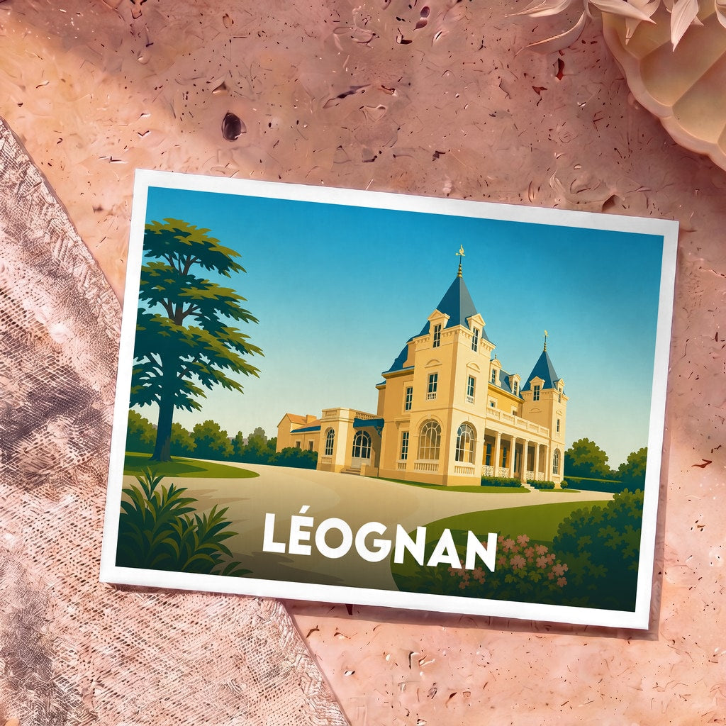 Carte postale souvenir de la ville de Léognan illustrant un château de style néogothique dans un parc verdoyant.