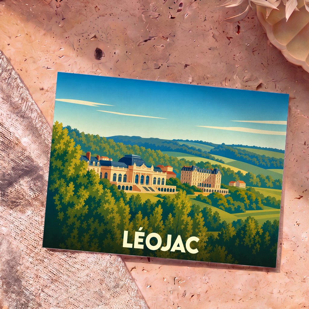 Carte postale souvenir de la ville de Léojac avec une illustration stylisée de son paysage et de ses édifices.