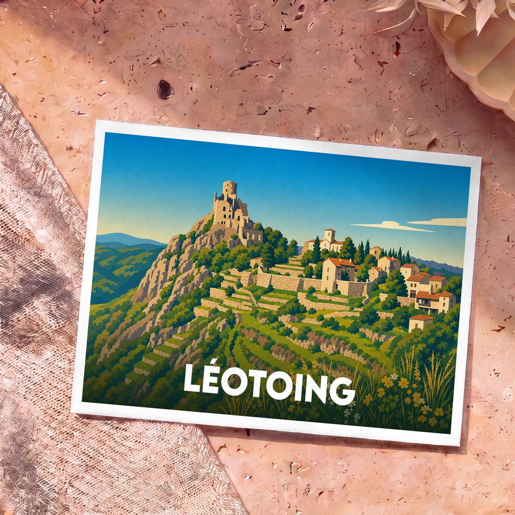 Carte postale souvenir de la ville de Léotoing avec une illustration stylisée de son château et de ses collines.