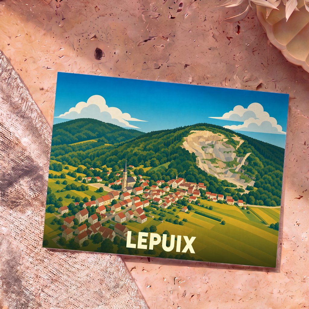 Carte postale souvenir de la ville de Lepuix avec une illustration stylisée montrant le village niché au pied de collines boisées.