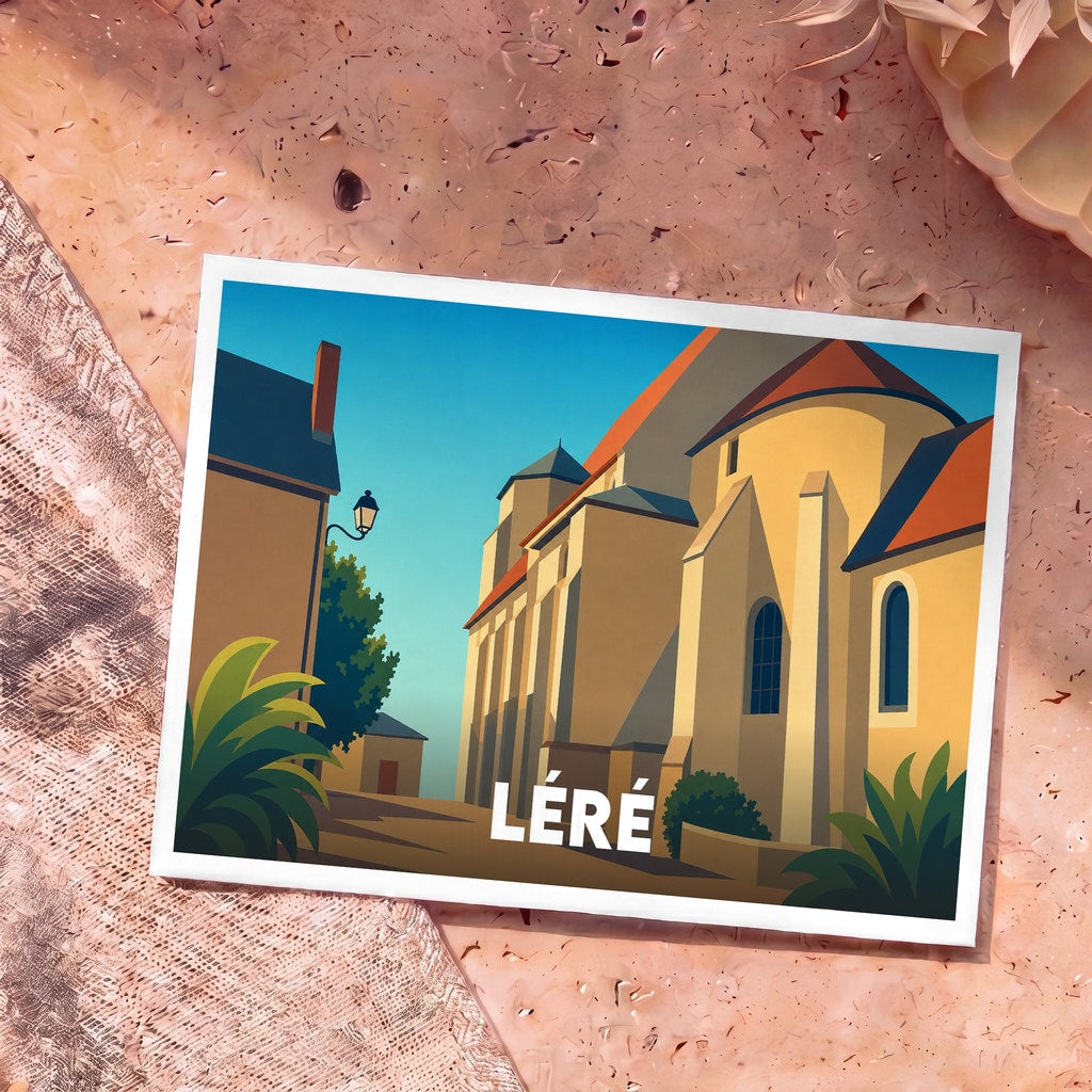 Carte postale souvenir de la ville de Léré avec une illustration stylisée de son église sous un ciel bleu.