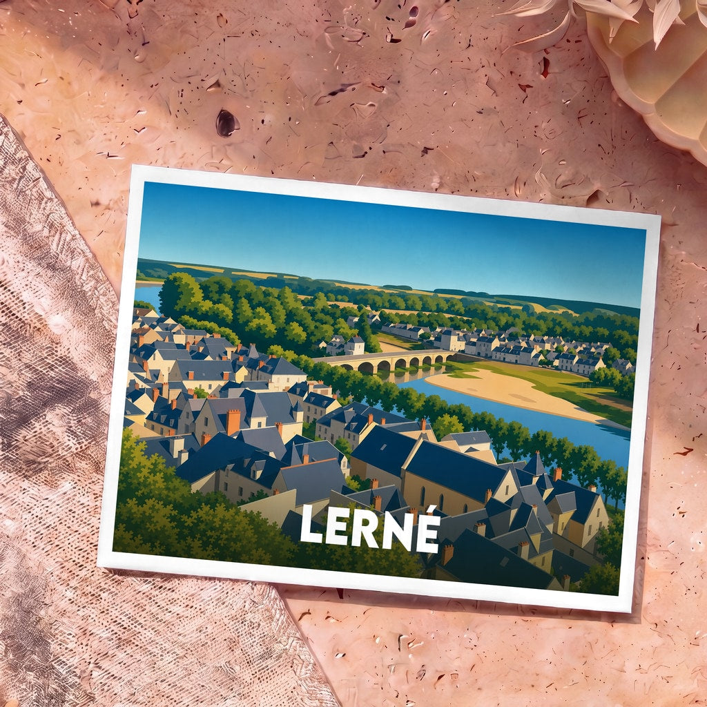Carte postale souvenir de la ville de Lerné présentant une illustration stylisée d'un village en bord de rivière.