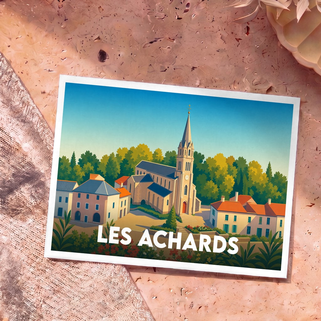 Carte postale souvenir de la ville de Les Achards avec une illustration stylisée de son église et de ses maisons.