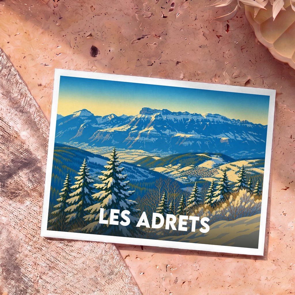 Carte postale souvenir de la commune de Les Adrets illustrant un paysage de montagnes enneigées au style rétro.