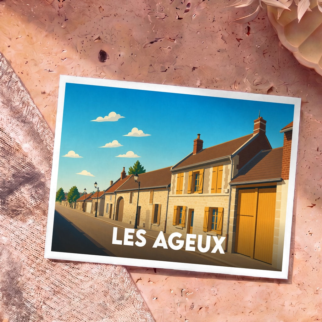 Carte postale souvenir de la commune de Les Ageux avec une illustration stylisée d'une rue de village.
