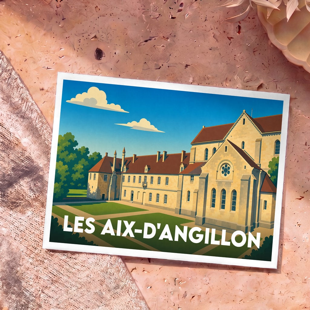 Carte postale souvenir de la ville de Les Aix-d'Angillon avec une illustration stylisée de son patrimoine architectural.