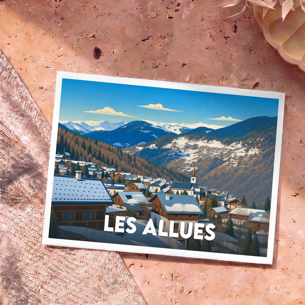 Carte postale souvenir de la ville de Les Allues avec une illustration stylisée d'un village de montagne enneigé.
