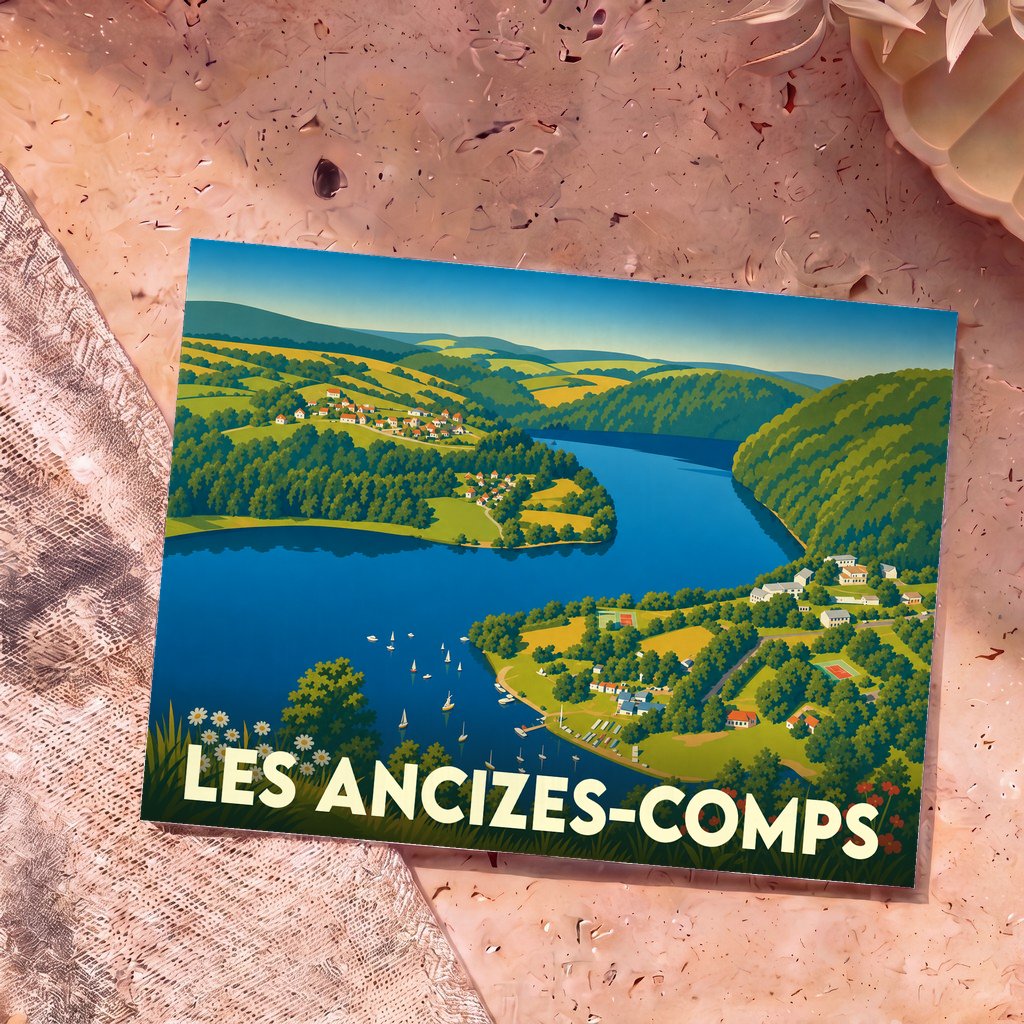 Carte postale souvenir de la ville de Les Ancizes-Comps avec une illustration stylisée d'un lac entouré de collines verdoyantes.