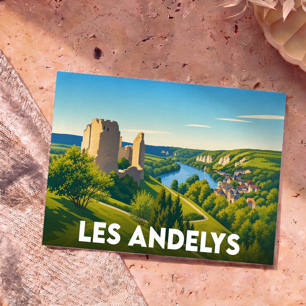 Carte postale souvenir de la ville de Les Andelys avec une illustration stylisée du Château-Gaillard surplombant la Seine.