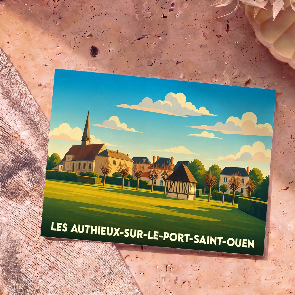 Carte postale souvenir de la ville de Les Authieux-sur-le-Port-Saint-Ouen avec une illustration stylisée.