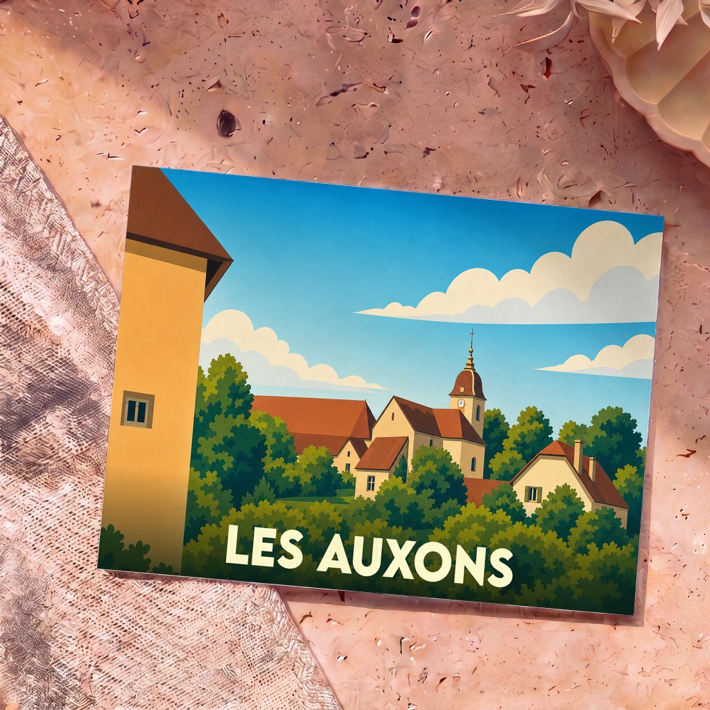 Carte postale souvenir de la ville de Les Auxons avec une illustration stylisée et colorée de son église.