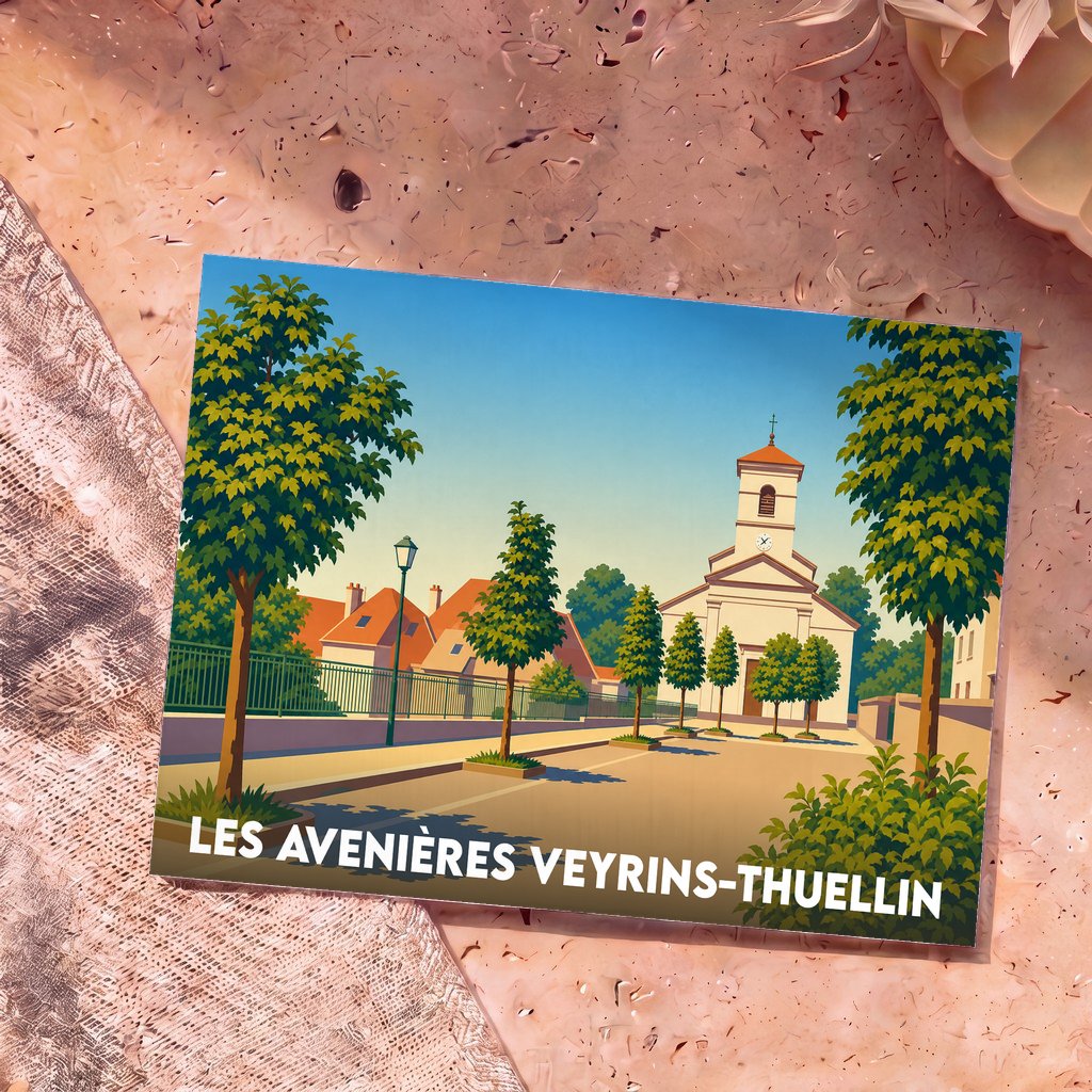 Carte postale souvenir de la commune Les Avenières Veyrins-Thuellin illustrant l'église et la place du village dans un style graphique épuré.