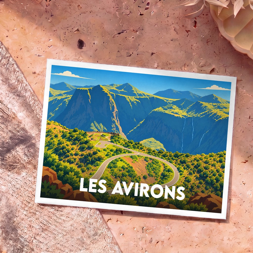 Carte postale souvenir de la ville de Les Avirons avec une illustration stylisée de paysages montagneux.