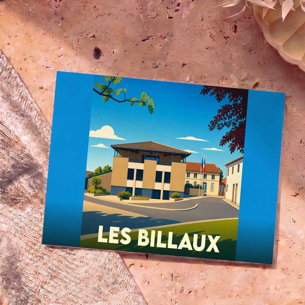 Carte postale souvenir de la ville de Les Billaux avec une illustration stylisée de son architecture.
