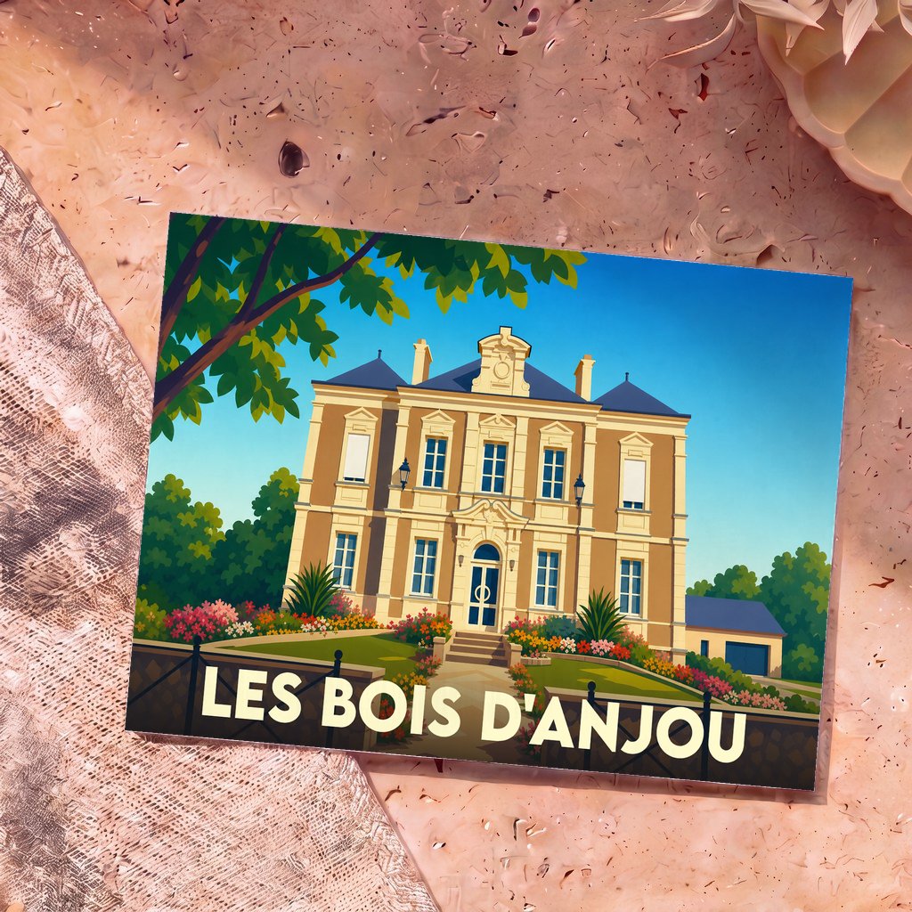 Carte postale souvenir de la ville de Les Bois d'Anjou avec une illustration stylisée d'une demeure bourgeoise.