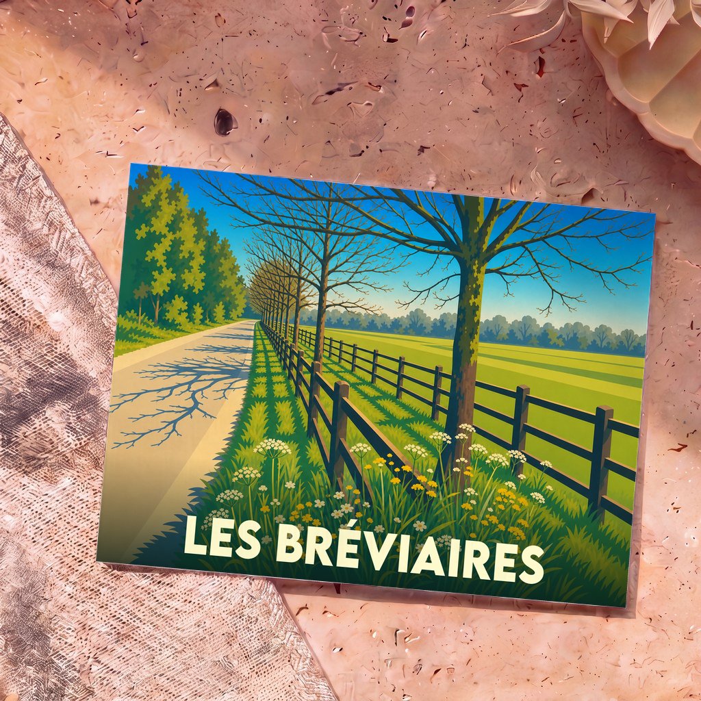 Carte postale souvenir de la ville de Les Bréviaires avec une illustration stylisée d'un chemin de campagne bordé d'arbres et de fleurs.