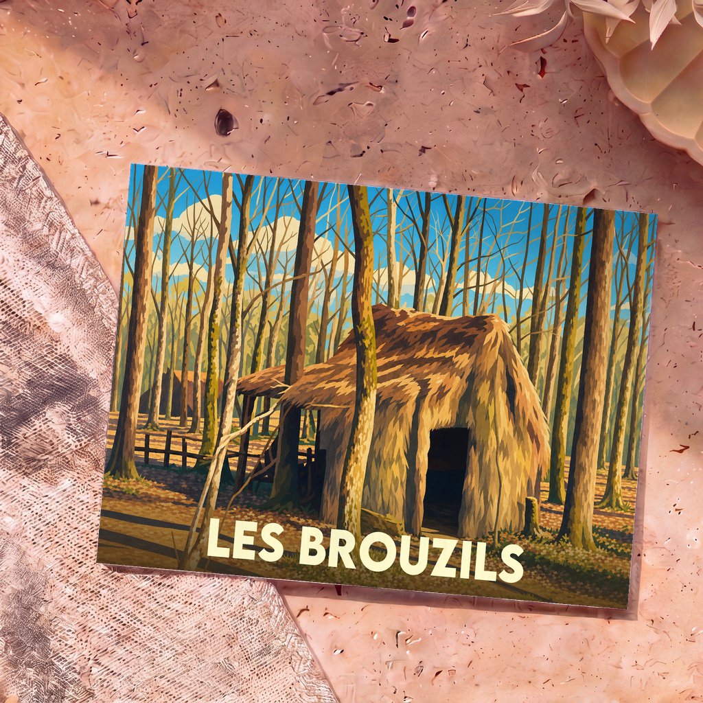 Carte postale souvenir de la ville de Les Brouzils avec une illustration stylisée d'une cabane en paille dans la forêt.