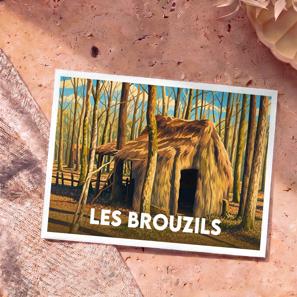 Carte postale souvenir de la ville de Les Brouzils avec une illustration stylisée d'une cabane en paille dans la forêt.